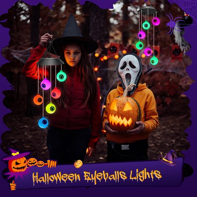 Winzwon Halloween Decorations Outside Solar Outdoor Lights Waterproof Eyeballs Wind Chimes for Party Yard Porch Patio Home Window Indoors Hanging Mobile Decor