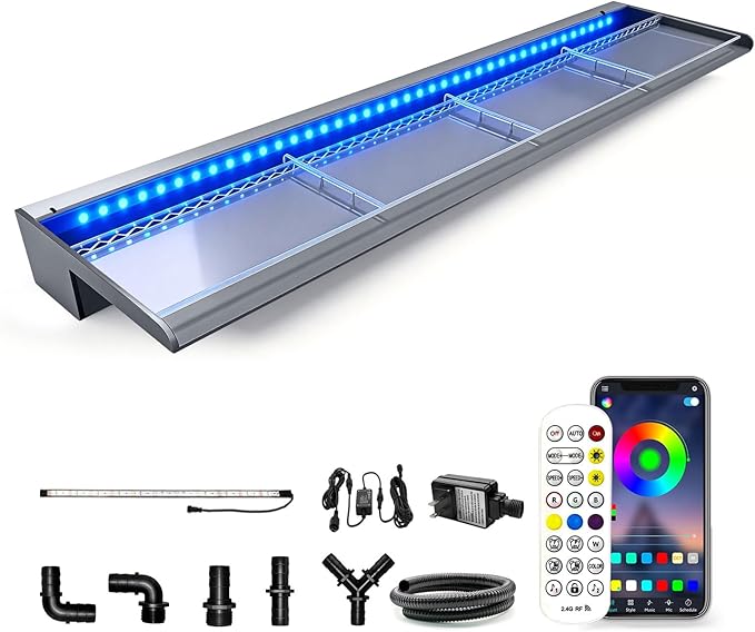 LONGRUN with lid Waterfall Spillway, APP Control Multi-Color LED Light Outdoor Pool Fountain, Acrylic Water Spillway Koi Pond Waterfalls Fountains Kit for Garden Patio Swimming Pool Decoration-35.4"