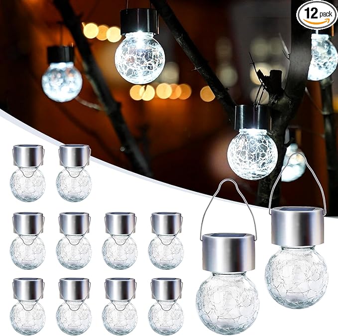 GIGALUMI Solar Lights Outdoor Waterproof, 12 Pack Solar Hanging Lights Garden Decor, Gifts for Women, Solar Outdoor Lantern Waterproof Cracked Glass for Yard, Fence, Tree(Cold White)