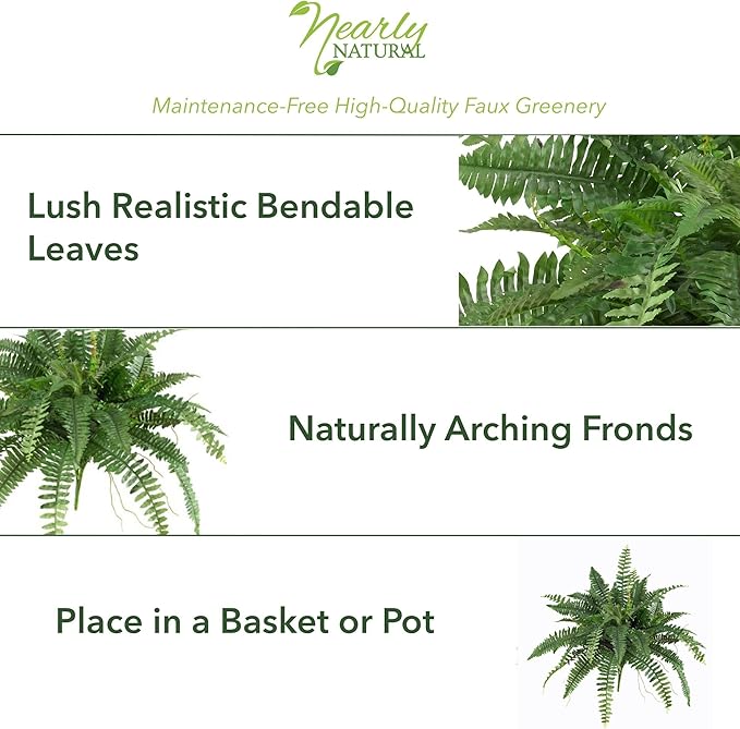 Nearly Natural 40-in Artificial Boston Fern, Large Hanging Fake Plant Wall Decor with 56 Fronds, Faux Fern Vines That Look Real for Home and Office Decor