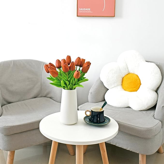 Mandy's Burnt Orange Artificial Tulips Flowers Centerpiece, 13.5" Lifelike PU Fake Floral Stems 20pcs for Kitchen Island & Dining Table, Spring Decor for Easter