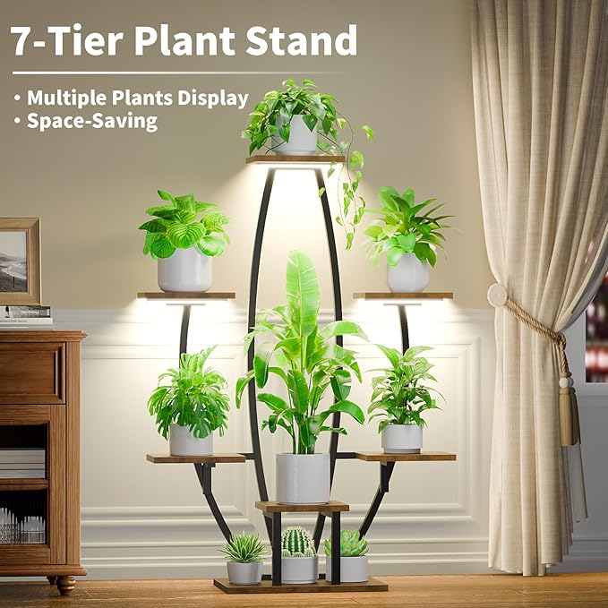 JUSTOGO Plant Stand Indoor with Grow Lights - 7 Tiered Large Plant Shelf Indoor, 47" Corner Plant Stands for Indoor Plants Multiple, Metal Plant Rack Flower Holder Display for Living Room, Home Decor