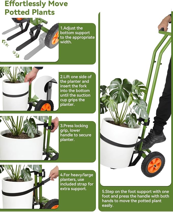 Plant Caddy with Wheels, Heavy Duty Plant Dolly, 200LBS Garden Pot Mover for 5"-16" Planters, Adjustable Arm with Suction Cups & Strap, Upgraded Handle, Indoor Outdoor