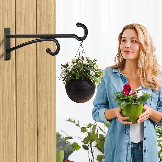 12" Plant Hanger Hook Outdoor Indoor – Planter Hooks for Hanging Plants, Plant Wall Hooks, Brackets for Hanging Plants, Baskets, Wind Chimes, Bird Feeders, Lanterns, Bird Houses (Black, Metal, 2-Pack)