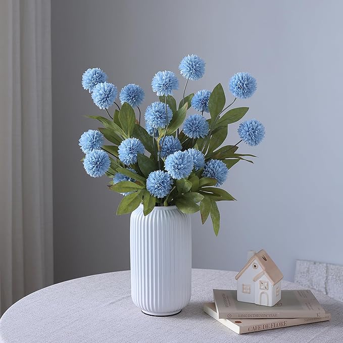 VIERENA 12 Pcs Faux Silk Pompon Mum Artificial Flowers for Vase -27", Bulk Fake Chrysanth Branches with Stems for DIY Bouquet Centerpieces Wedding Fillers Arrangements Shower Decorations (Dusty Blue)