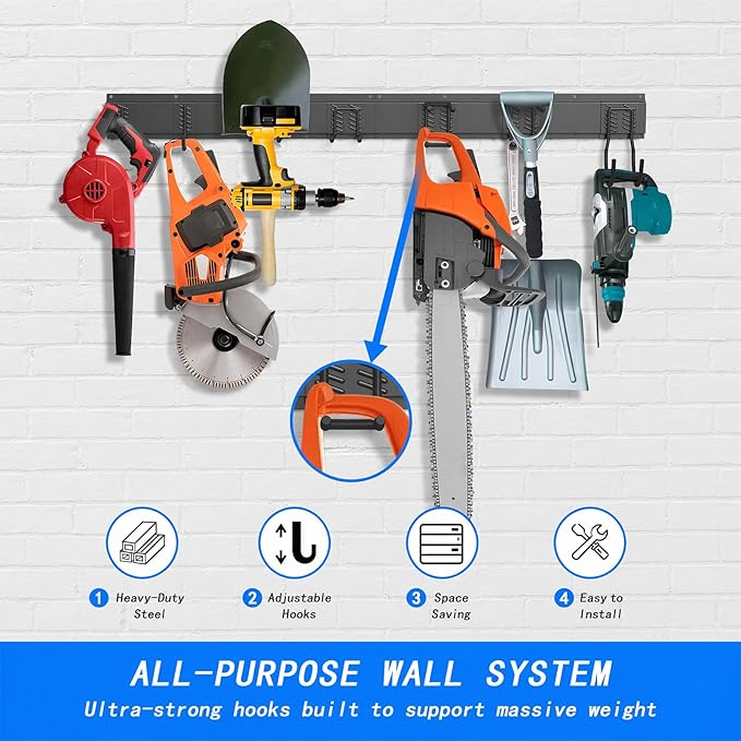 CBWLWJ Garage Tool Organizer Wall Mount, 64 inch Garage Wall Organizer, 680lbs Sturdy Garden Tool Organizer with 12 Adjustable Hooks, for Yard, Shed, Basement, Workshop(Black)