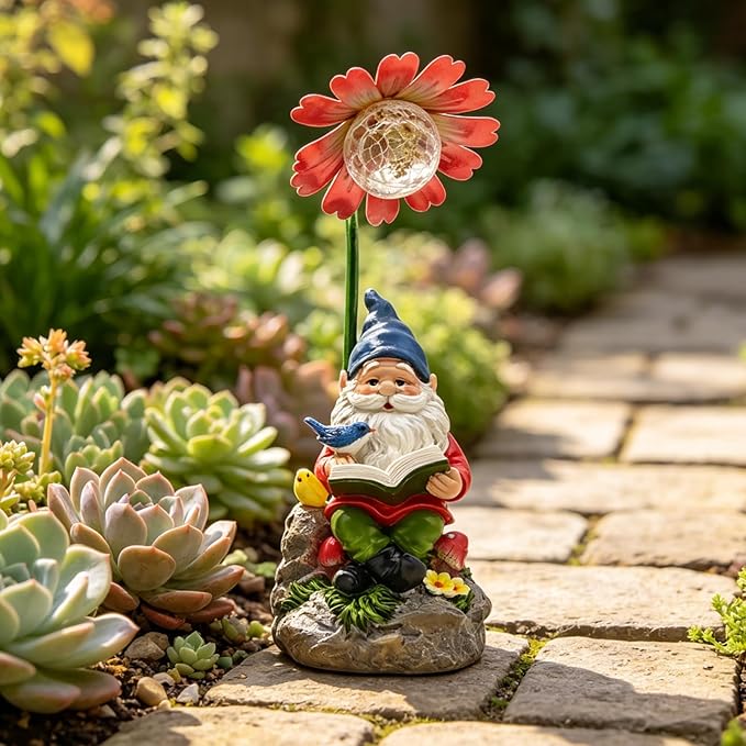 COWOS Solar Powered Garden Gnome Statue with Glowing Flower Light, Hand-Painted Resin Figurine for Outdoor Patio, Yard, Lawn Decor, Gift for Garden Lovers