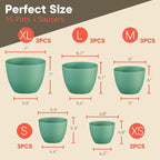 Planter Pots with Drainage Holes - Lightweight, Durable, & Space-Saving Pots for Indoor and Outdoor - Versatile Functionality, Simple Modern Design, Set of 15 Plastic Planter Pots Mint