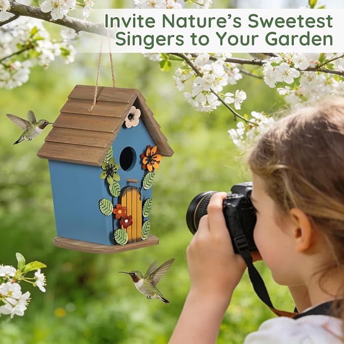 Bird Houses for Outside,Wooden Blue Birdhouse,Decorative Birdhouses for Outdoors,Hanging Bird Houses,Bird Box Nest,Humming Bird House for Outside,Bird Gifts for Bird Lovers