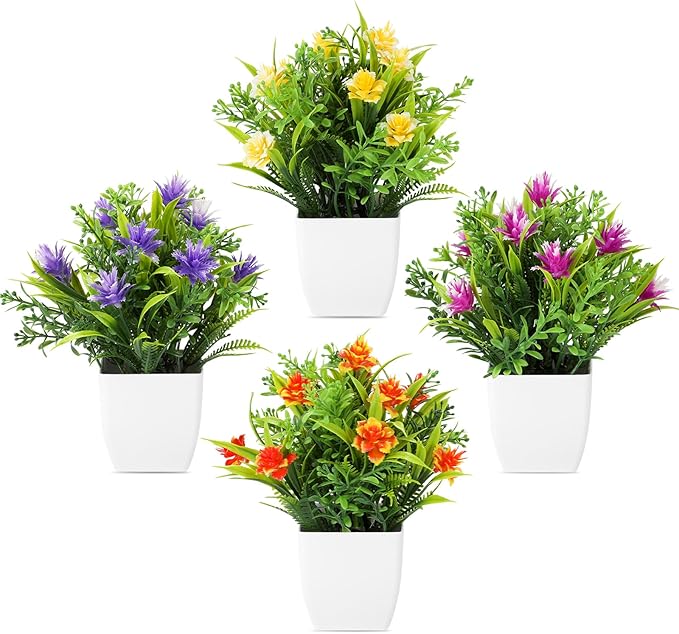 Fake Plants 4 Packs, Small Artificial Plants with Flowers, Black Faux Plants for Bathroom, Office, Home, Conference Table Decor, Indoor Desk Decor for Library, Restaurant