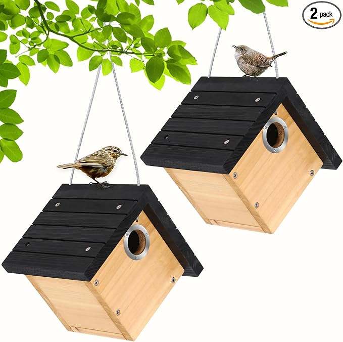 Wren Bird House for Outside, Hanging Wood Nesting Box for House Wrens & Carolina Wrens, 1-1/8" Entrance Hole, Air Vents & Clean-Out Door, Weather-Resistant Birdhouse for Backyard Watching 2 Pack Black
