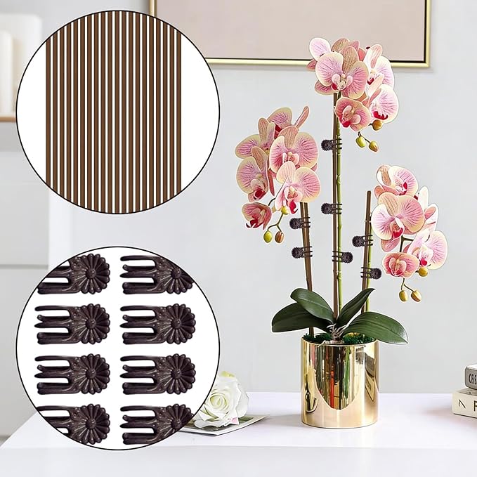 50Pcs Plant Stake and Clips Set, Adjustable Bendable Garden Stakes for Tall Plants | Durable Plant Sticks for Pots, Flowers, Vines | Indoor & Outdoor Use | Brown Gardening Supplies