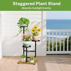 iDavosic.ly 3 Tier Plant Stand Indoor, Corner Tiered Multiple Flower Holder Shelf with Metal Trays, Orchid Display Wooden Rack for Patio Porch Living Room Balcony Outdoor, Modern Black & Rustic Brown