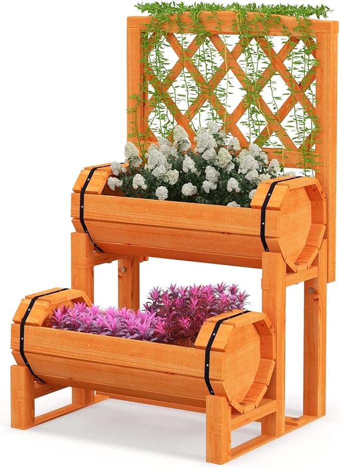 S AFSTAR 2 Tier Raised Garden Bed with Trellis, Wooden Planter Box with Diamond Lattice Trellis, Elevated Planter Bed for Vine Climbing Plants Flowers, Rise Garden Bed for Yard Balcony Patio, Orange