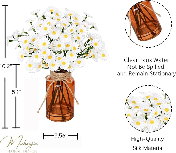Muhanjia Artificial Daisy Flowers in Amber Glass Vase with Faux Water,9Pcs White Artificial Silk Flowers with Stems for Centerpiece (Daisy)
