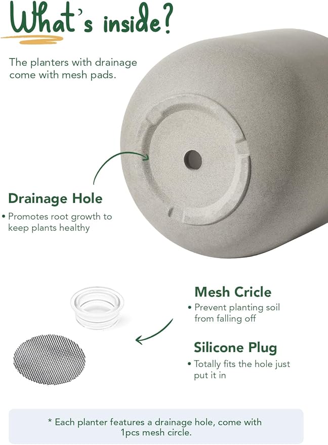 10 Inch Plant Pot, Ceramic Pots for Plants with Drainage Hole and Rubber Plug, Plant Pots Indoor for Home Garden Patio Office, Cylinder Flower Planter Pot, Neutral Gray