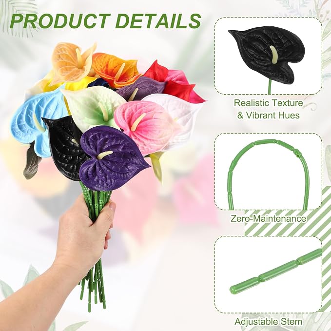 uxcell 8Pcs 11inch Artificial Anthurium Lily Flowers, Permanent Flower Bouquet for Home Arrangements Wedding Festival Decoration Crafts Store Decor Accessories, Black