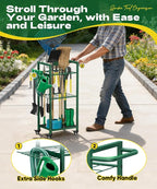Garden Tool Organizer with Wheels, Heavy Duty 3 Tier Metal Yard Tool Storage Rack Holder with Side Hooks, Freestanding Garage Organizer for Shovels, Rakes, Brooms, Indoor Outdoor Use, Green
