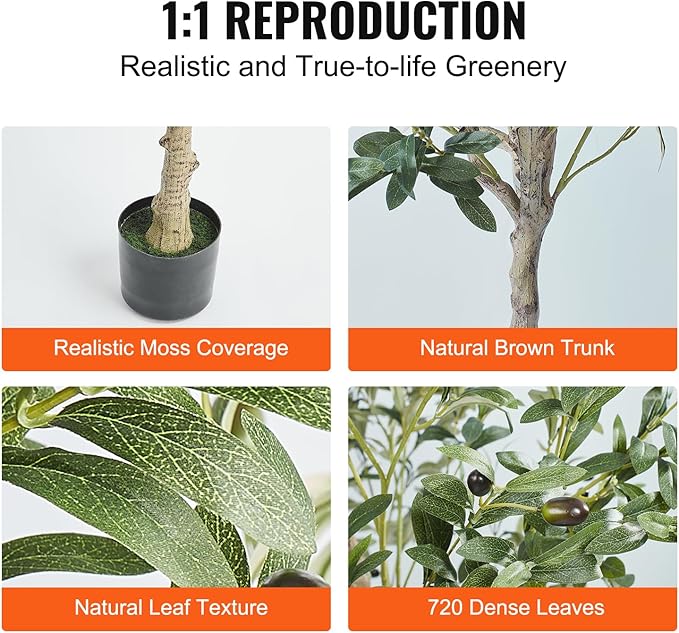 VEVOR Artificial Olive Tree, 5 FT Tall Faux Plant, Secure PE Material & Anti-Tip Tilt Protection Low-Maintenance Plant, Lifelike Green Fake Potted Tree for Home Office Warehouse Decor Indoor Outdoor