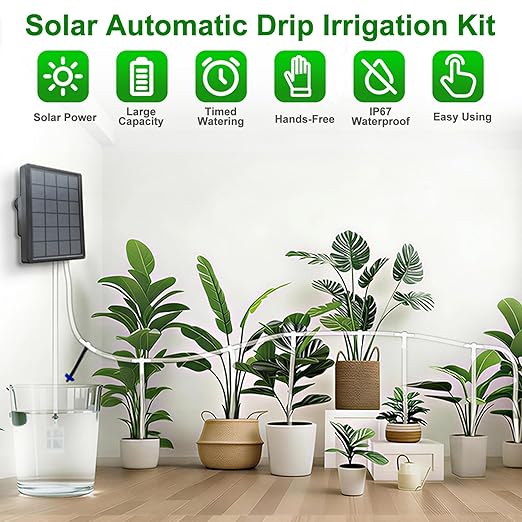 Display and Solar 2 in 1 Automatic Watering System for 15 Pots Plants, Anti-Siphoning Watering Drip Irrigation System Device Kit, Smart Timer & Manual for Indoor Garden Farm Greenhouse Balcony & Patio