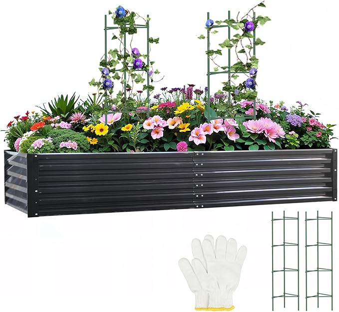 Metal Raised Garden Bed 8x4x1.5Ft Tall Outdoor Large Metal Galvanized Planter Boxes Kit for Vegetables, Flowers and Herbs,Garden Beds with 2Pcs Tomato Cage 1Pc Gloves,Black
