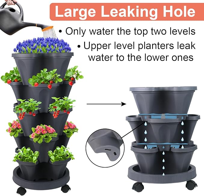 GameXcel Vertical Planter Tower - 5 Tier Stackable Garden Planters with Wheels and Tools Plant Pots for Strawberry Herb Flower and Vegetable Indoor Outdoor Use Dark Gray