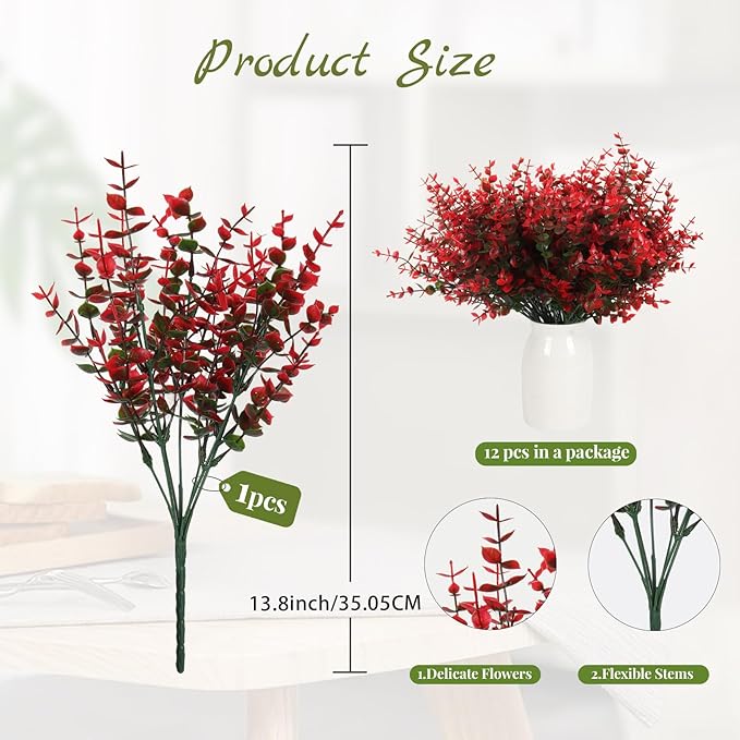 RECUTMS Fake Outdoor Flowers Artificial Spring Plants No Fade Faux Plants Plastic Greenery Fake Eucalyptus Faux boxwoods for Outdoor Planters Kitchen Office Wedding Home Garden Decoration(Red)