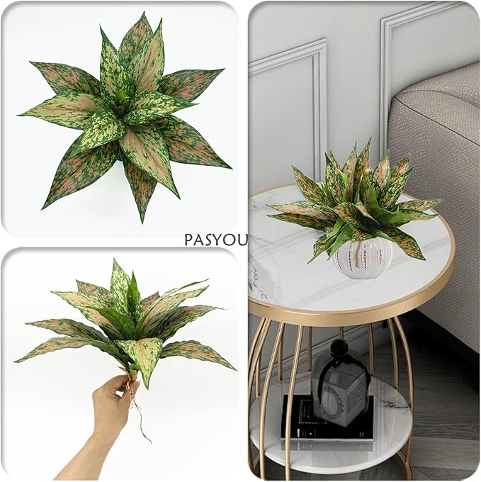 PASYOU Artificial Aglaonema Plants, Green and Pink Variegated 2 Pack, Fake Magnolia Plant Faux Plastic Leaves Shrubs, UV Resistant Greenery, Indoor Outdoor Decor Home Garden Table Decorations – Red
