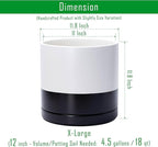 D'vine Dev 12 Inch Ceramic Planter Pot with Drainage Hole and Saucer, Indoor Cylinder Round Planter Pot, Layered Monochrome Black & White, 94-O-F-L