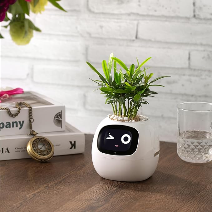 PLANTSIO smart pet Planter Robot Guidance on Plant Care with Emojis, Adorable Plant Companion with Rich Gesture Interaction, Neat Desk Setup Gift (White)