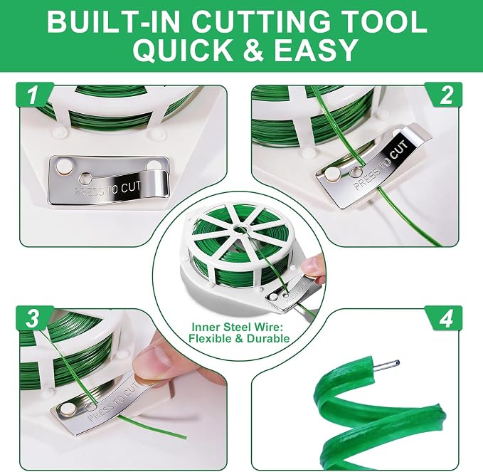 2 Pack Twist Ties, 525 Feet (160m) Sturdy Garden Plant Ties with Cutter, Rustproof & Flexible Garden Ties for Plant of Gardening, Indoor & Outdoor Home and Office Use (Green)