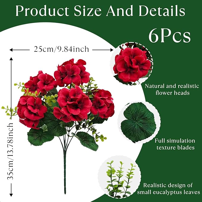 Artificial Geranium Flowers for Outdoor Decoration, 6 Bundles UV Resistant Silk Geranium Fake Plants Faux Flowers for Front Porch Garden Patio Window Box Outside Indoor Decor (Red)