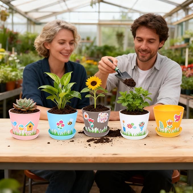 30 Pack Garden Paper Pot Craft Kit, Durable Resin Garden Pot with Tray Drainage Holes Adhesive Stickers Certificate of Award with Tag, Flower Plant Spring Craft for Classroom Home DIY Flower Planting
