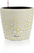 Dexceder 11x10 Self Watering Planter (White Gold Crackle) | Inner Pot Design, Thickened Table Flower Plant Pot with Water Level Indicator Indoor Outdoor