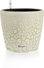 Dexceder 11x10 Self Watering Planter (White Gold Crackle) | Inner Pot Design, Thickened Table Flower Plant Pot with Water Level Indicator Indoor Outdoor