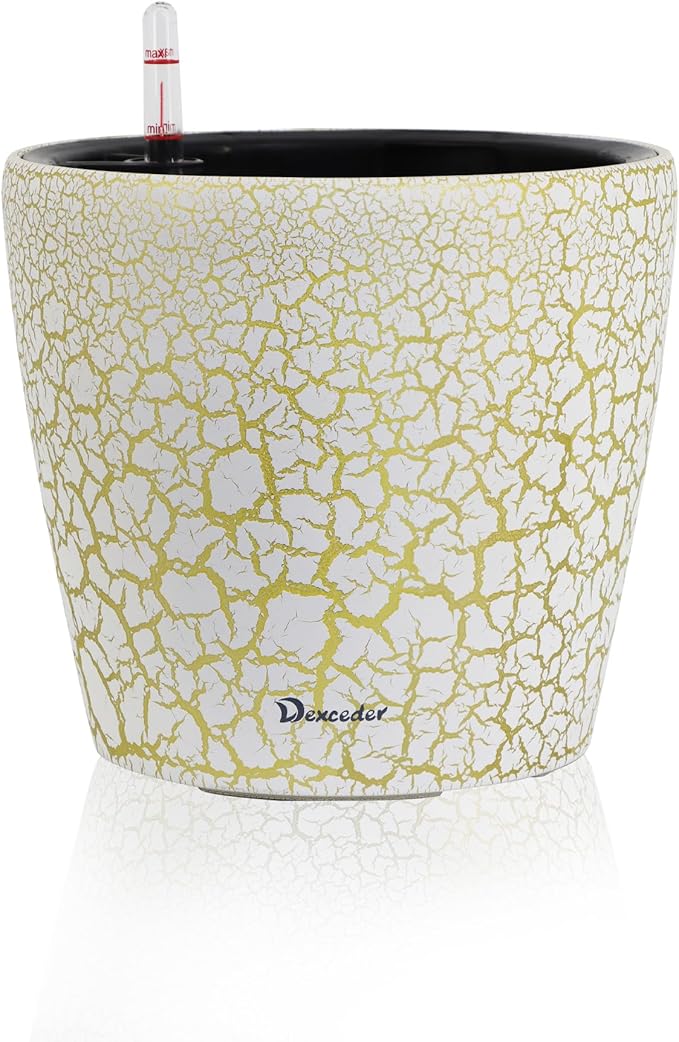 Dexceder 11x10 Self Watering Planter (White Gold Crackle) | Inner Pot Design, Thickened Table Flower Plant Pot with Water Level Indicator Indoor Outdoor