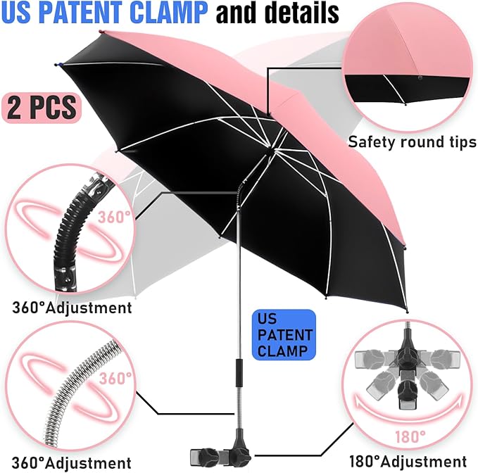2 PACK Beach Umbrella with Clamp, 360 ° Adjustable Umbrellas for Chair, UPF50+ Umbrella for Beach Chair, Patio Chair, Wheelchair, Camping Chair, Golf Carts (Chair Not Included)