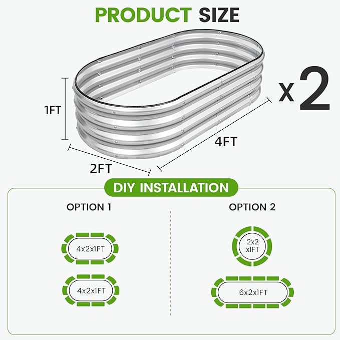 G GOOD GAIN Galvanized Metal Raised Garden Bed Kit - 4x2x1FT Outdoor Planter Box with Safety Edging and Gloves for Vegetables, Fruits, Flowers(Silver, 2PC)