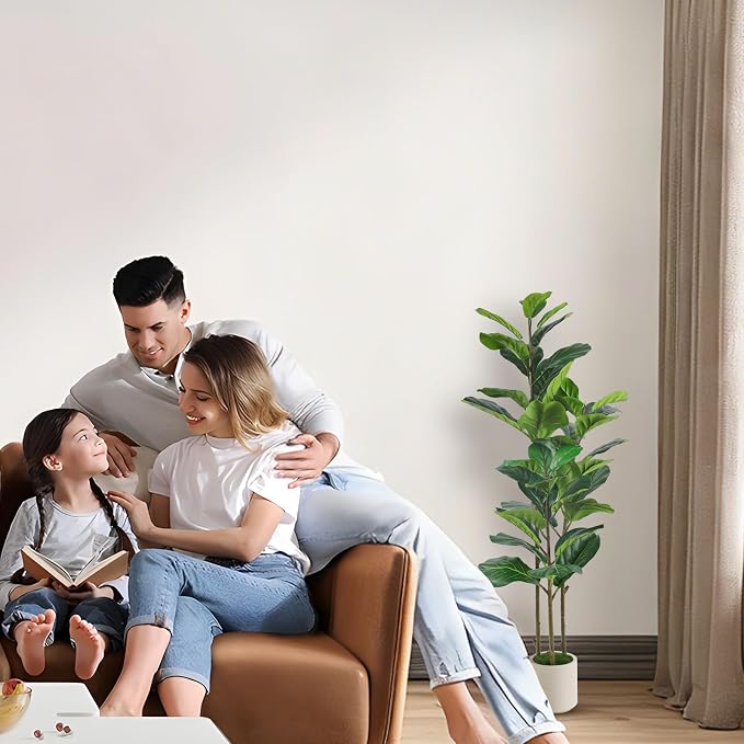 Alupssuc 4FT Artificial Fiddle Leaf Fig Tree with White Planter Pot, 4 feet Tall Fake Tree for Home Decor, Faux Ficus Tree Fake Moss for Indoor Outdoor Office Living Room