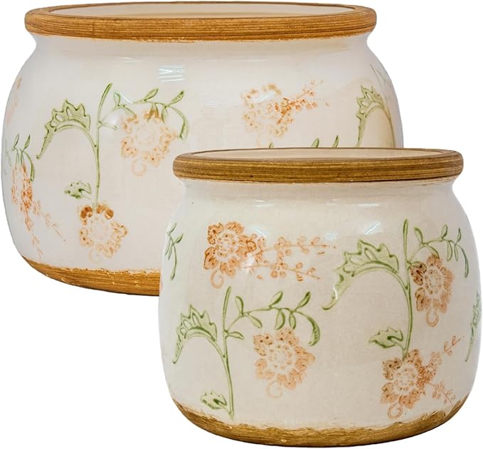 Vintage Ceramic Flower Pots - Indoor Outdoor Planters with Drainage Holes & Filter Screen, 6.5’’& 9’’ Rustic Farmhouse Decorative Plant Pots for Garden/Patio