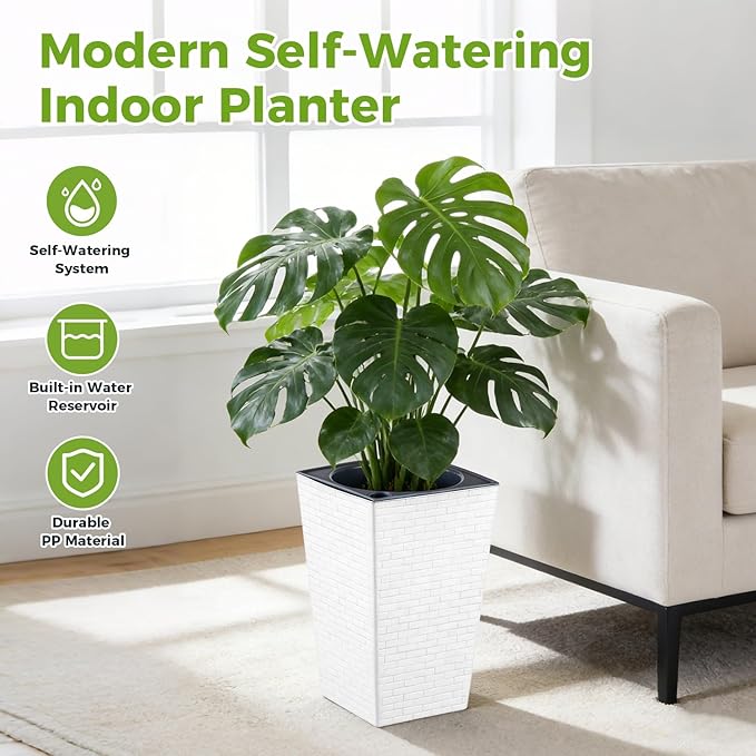 Self Watering Pots for Indoor Plants, 2 Pack Flower Pots Self Watering Planter 10.7" x 6.9" Plastic Pots African Violet Wick and Grow Pots Tall Orchid pots Square Large Plant Pots, White