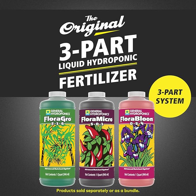 General Hydroponics Flora Series: FloraMicro, FloraBloom, FloraGro - 3-Part Hydroponic Nutrient System, 1 qt. Bottles