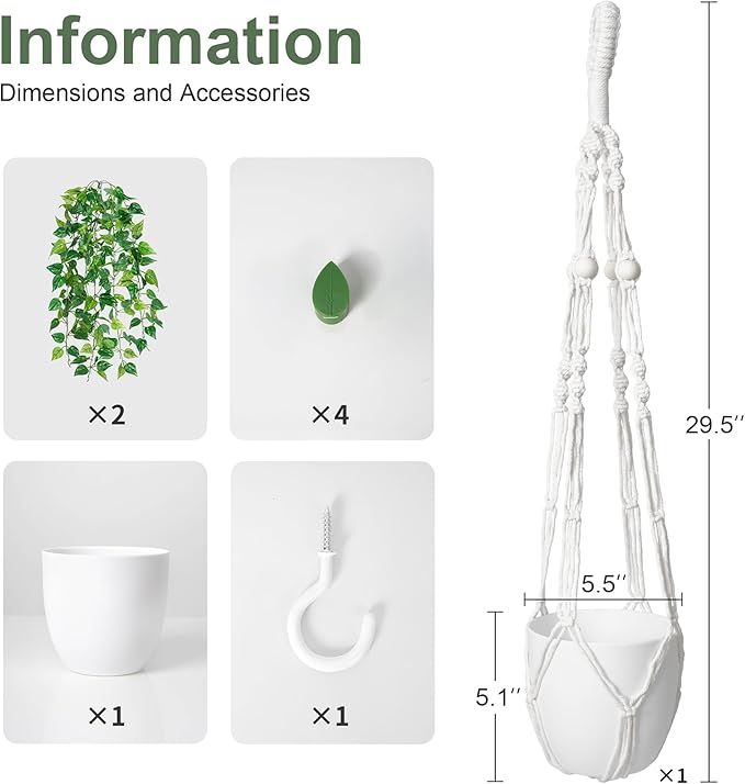 DREAMLOOM Fake Hanging Plants with Pot, Artificial Pothos Hanging Plants with Macrame Hanger for Indoor Decor, Fake Hanging Vines Faux Greenery for Home Kitchen Office