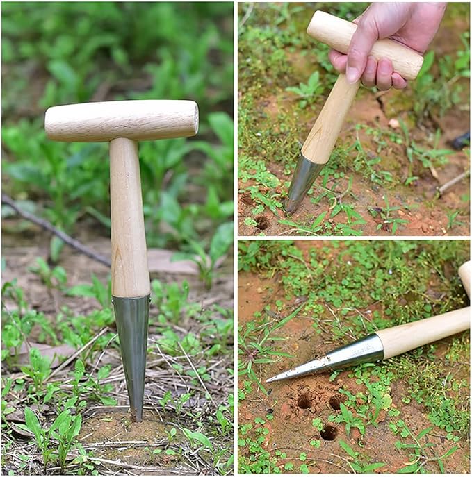 11" Stainless Steel Garden Dibber Bulb Planter with Wooden Handle, Bulb Planter for Sowing Seeds Transplanting Vegetable Flowers