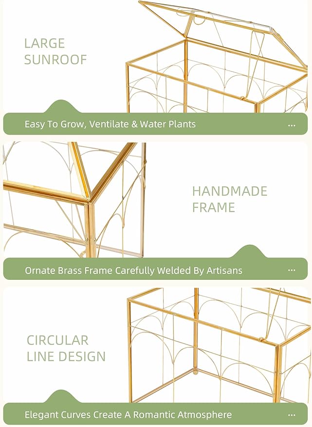 REDHUGO Handmade Glass Planter Terrarium with Lid, Indoor Tabletop Centerpiece Display Box Modern Decor DIY Gift Plant Terrarium Container for Succulent Cacti Air Plants Flower (Gold)