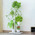 LINZINAR Plant Stand Indoor Outdoor Metal 4 Tier 5 Potted Multiple Flower Pot Holder Shelf Planter Display Shelving Unit for Patio Garden Corner Balcony Living Room (4 Tier 5 Potted, White)