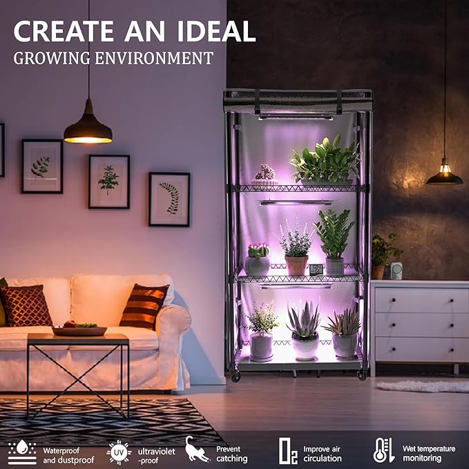 Indoor Greenhouse with Clear Cover – 4-Tier Portable Plant Stand with 3 T8 Grow Lights, Timer, Thermometer, Ventilation, Seed Starter for Herbs, Seedlings, Flowers (35.8"x13.8"x62.8")