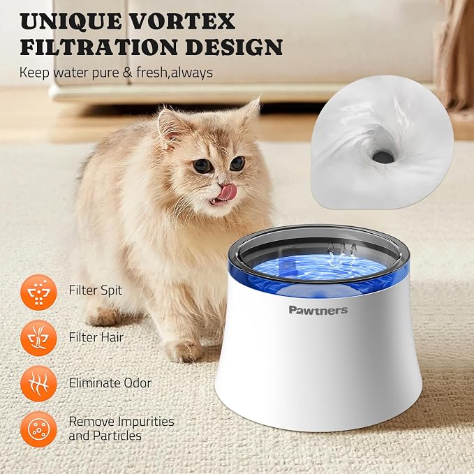 Pawtners Pet Dog Water Fountain with Vortex Filter, 1 Gal/3.5L Water Bowl Dispenser for Medium Small Dog/Cat, Automatic No Spill Cat Fountain for Inside, Deep Drinking Area and Quiet Pump, 6.7" H