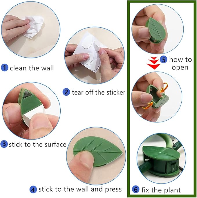 60 Pcs Plant Climbing Wall Fixture Clips Acrylic Self-Adhesive Sticker Fixer Vine Traction Invisible Holder Climbing Plant Green Leaf Vines Hook Fixing Clip Indoor Outdoor Decoration