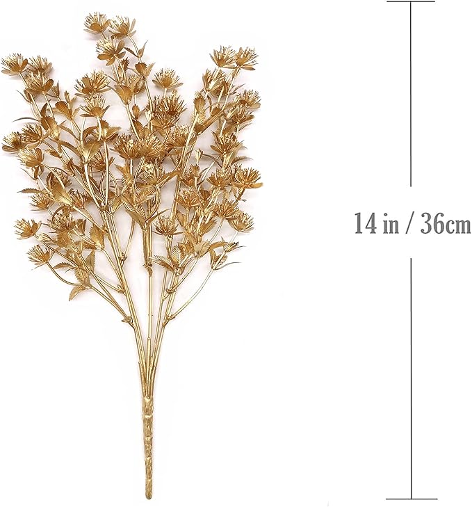 PASYOU Gold Fake Plants, Artificial Flowers Decoration for Christmas Golden Leaves Grass Plastic Faux DIY Crafts Indoor Outdoor Home Garden Party Room Bedroom Wedding Table Centerpiece Decor, 4 Pack